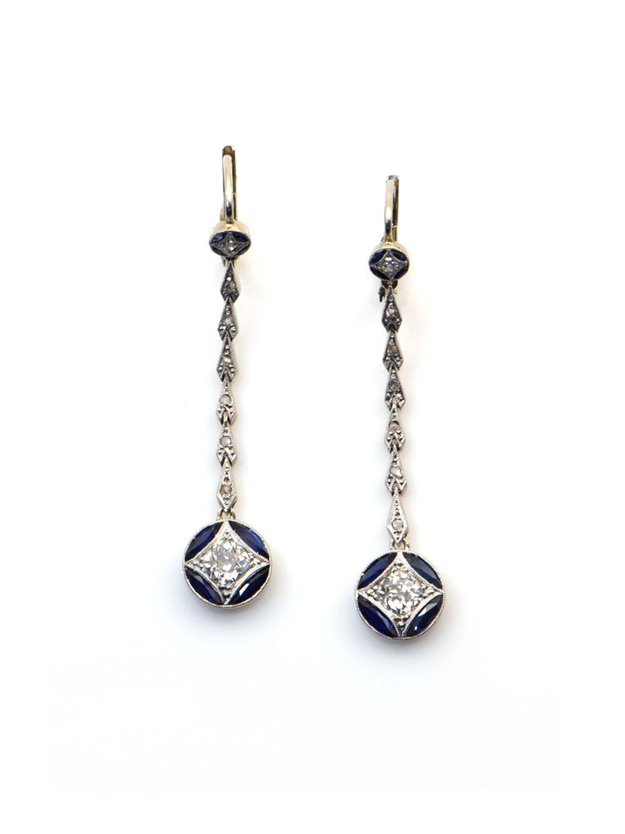 Art Deco Long Sapphire and Diamond Earrings