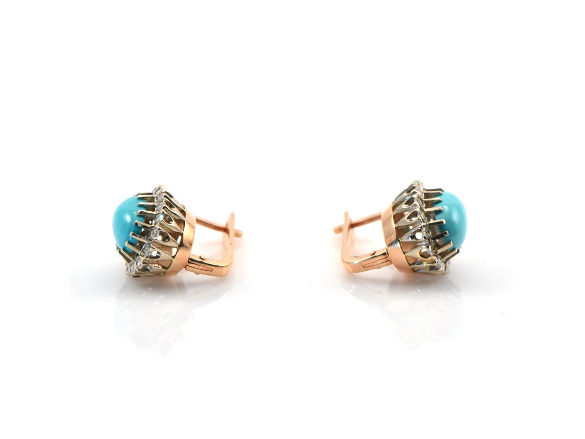 1930s Persian Turquoise Diamond Gold Earrings 1