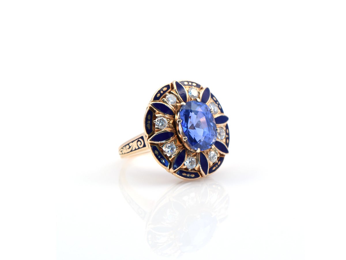 1930s Blue Enamel Natural Sapphire Gold Ring In Excellent Condition In San Francisco, CA