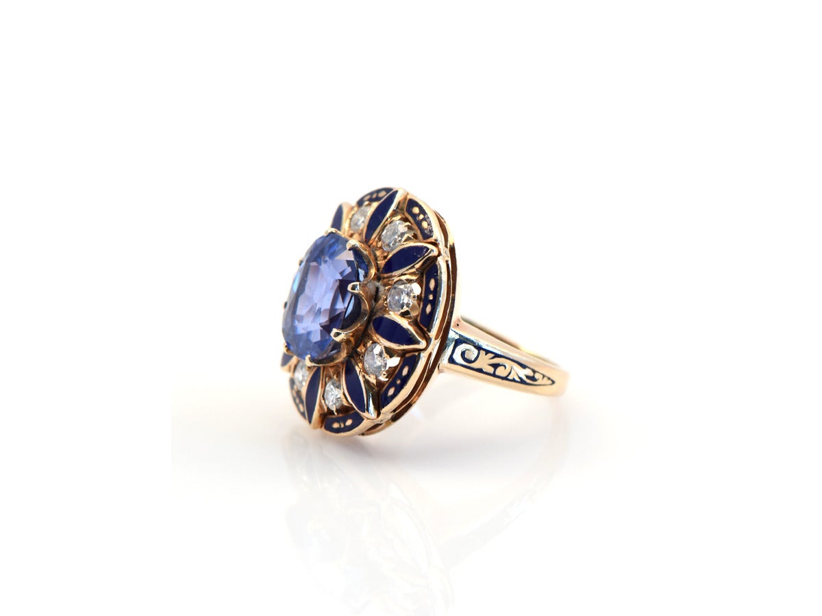 1930s Blue Enamel Natural Sapphire Gold Ring 2