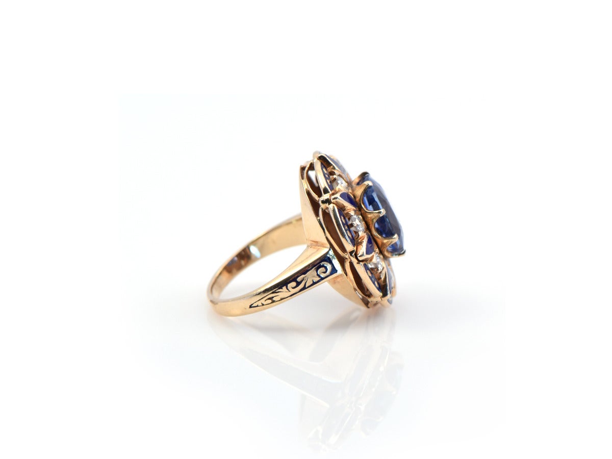 1930s Blue Enamel Natural Sapphire Gold Ring 3