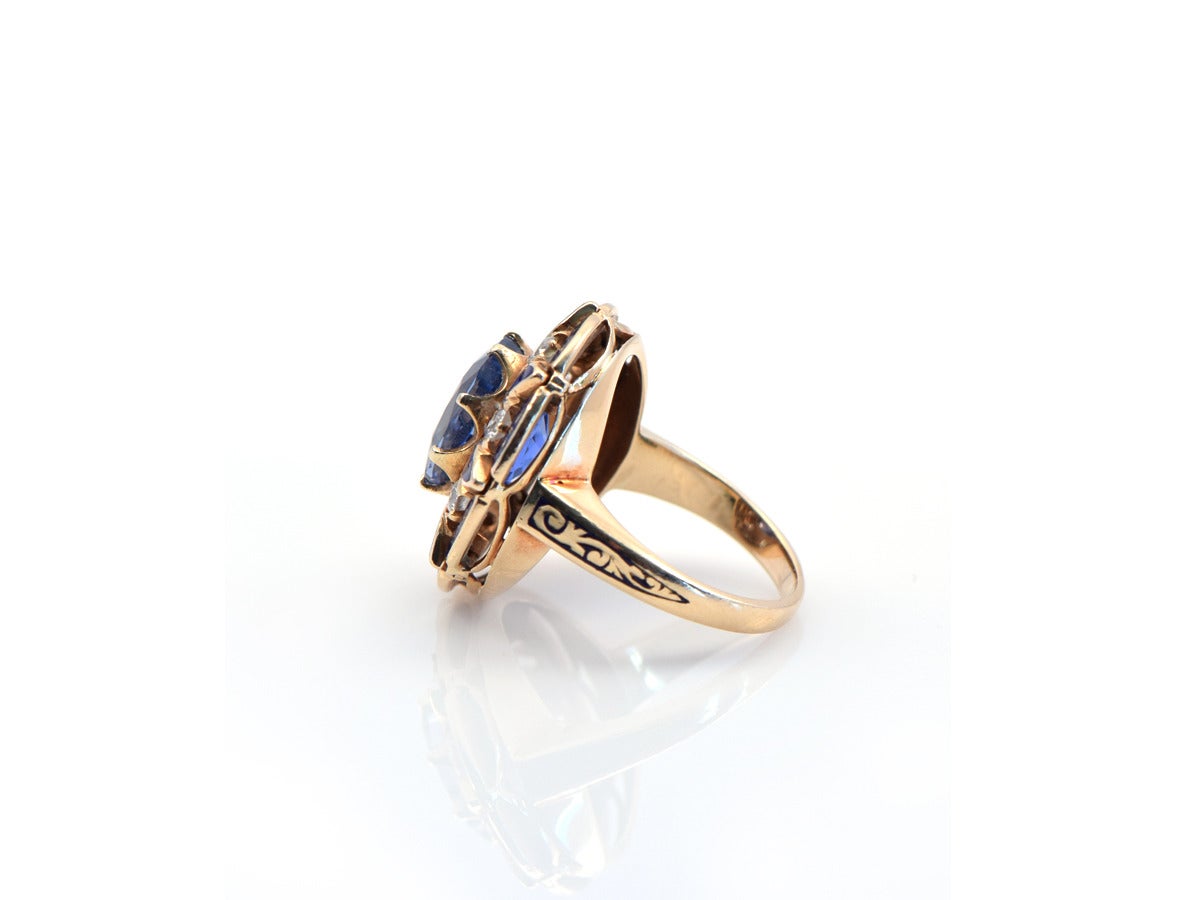 1930s Blue Enamel Natural Sapphire Gold Ring 4