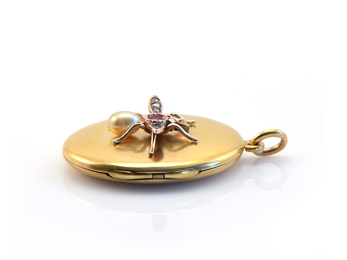 1890s Pearl Ruby Diamond Gold Honeybee Locket 1