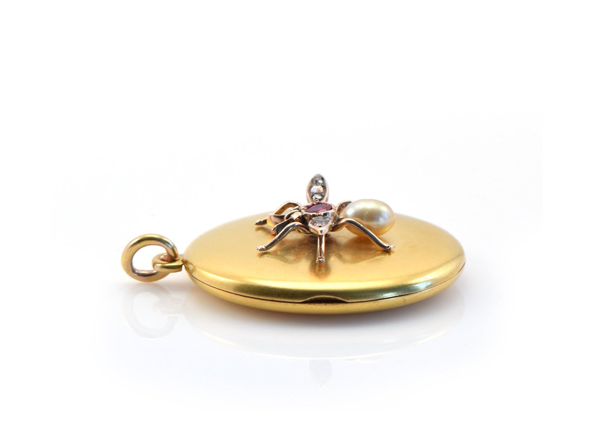 Women's 1890s Pearl Ruby Diamond Gold Honeybee Locket