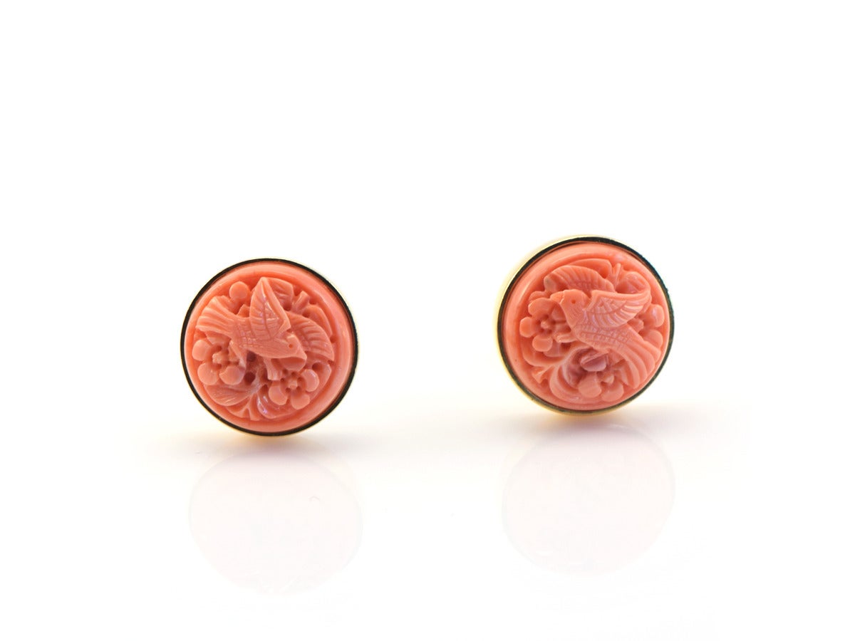 1950s Gump's Carved Coral Gold Earrings