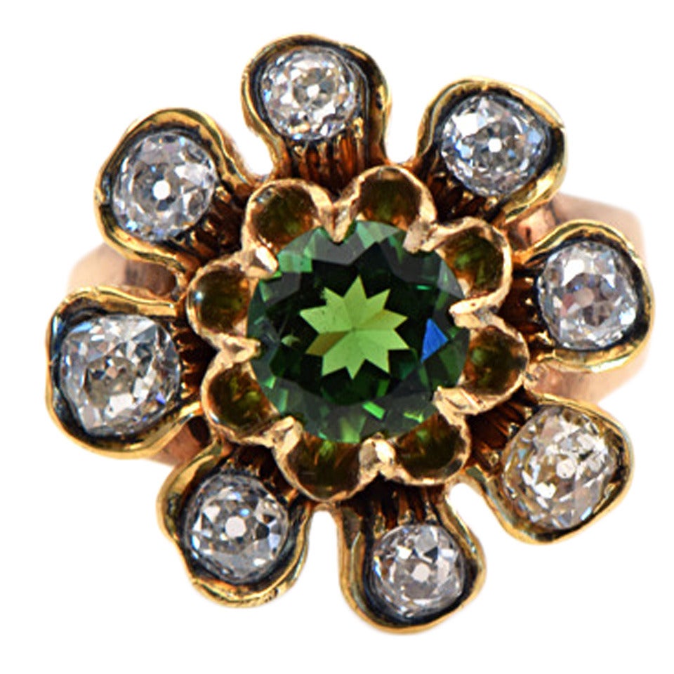 19th Century Tourmaline Diamond Gold Cluster Ring For Sale