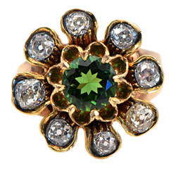 Antique 19th Century Tourmaline Diamond Gold Cluster Ring