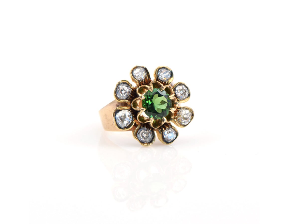 19th Century Tourmaline Diamond Gold Cluster Ring In Excellent Condition For Sale In San Francisco, CA
