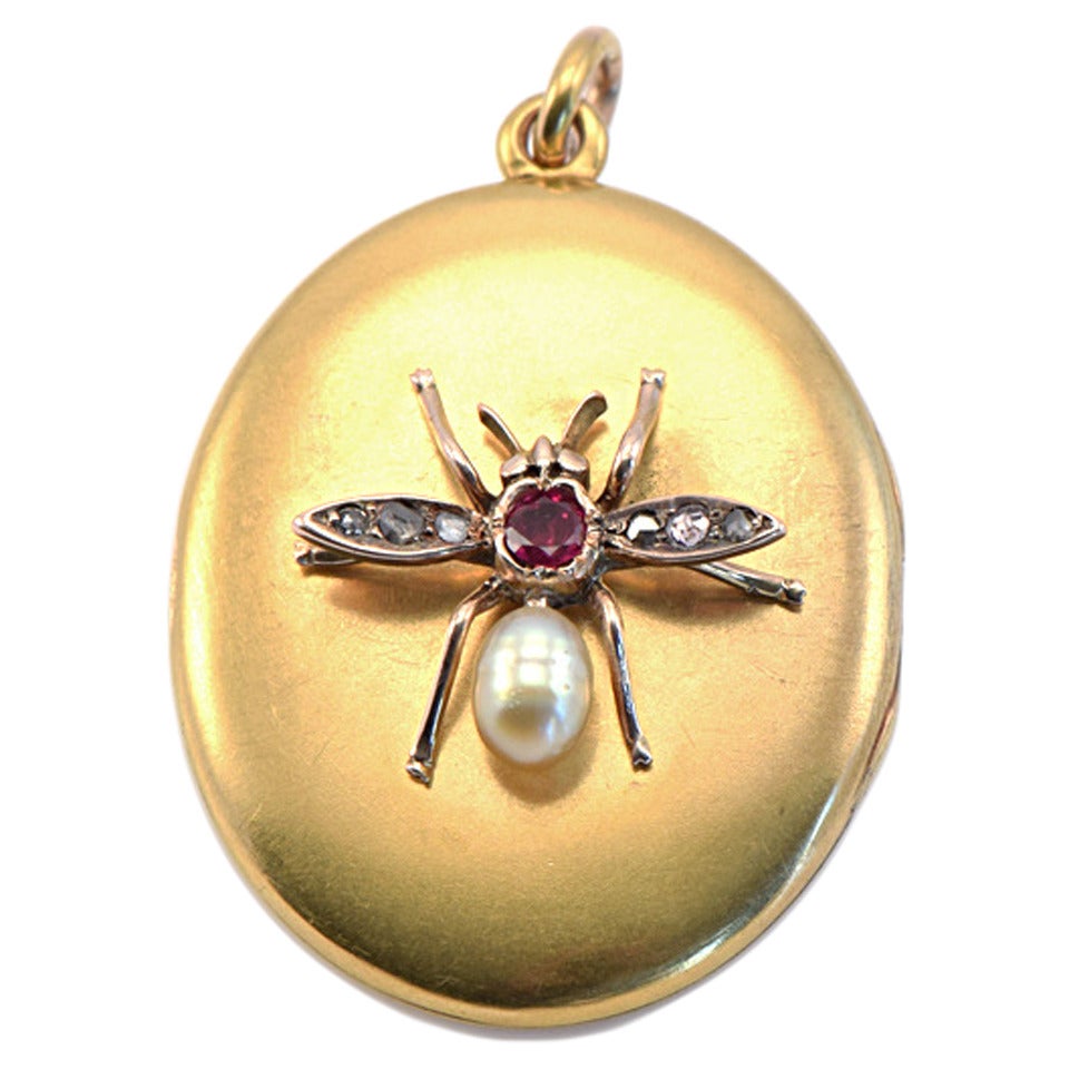1890s Pearl Ruby Diamond Gold Honeybee Locket