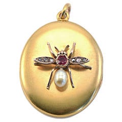 1890s Pearl Ruby Diamond Gold Honeybee Locket