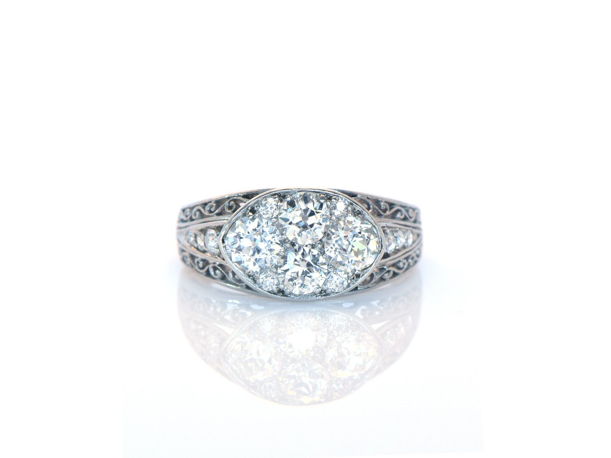 1920s Old European Cut Diamond Platinum Cluster Ring