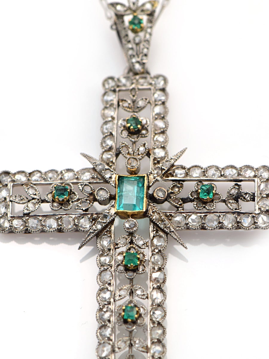 Women's Edwardian Emerald Diamond Platinum Cross Pendant Necklace