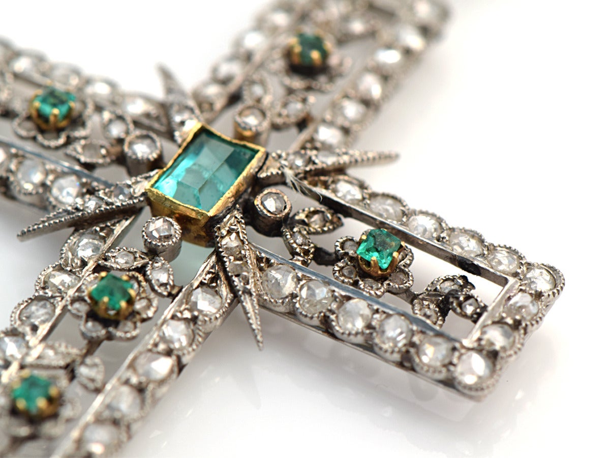 Edwardian Emerald Diamond Platinum Cross Pendant Necklace 1