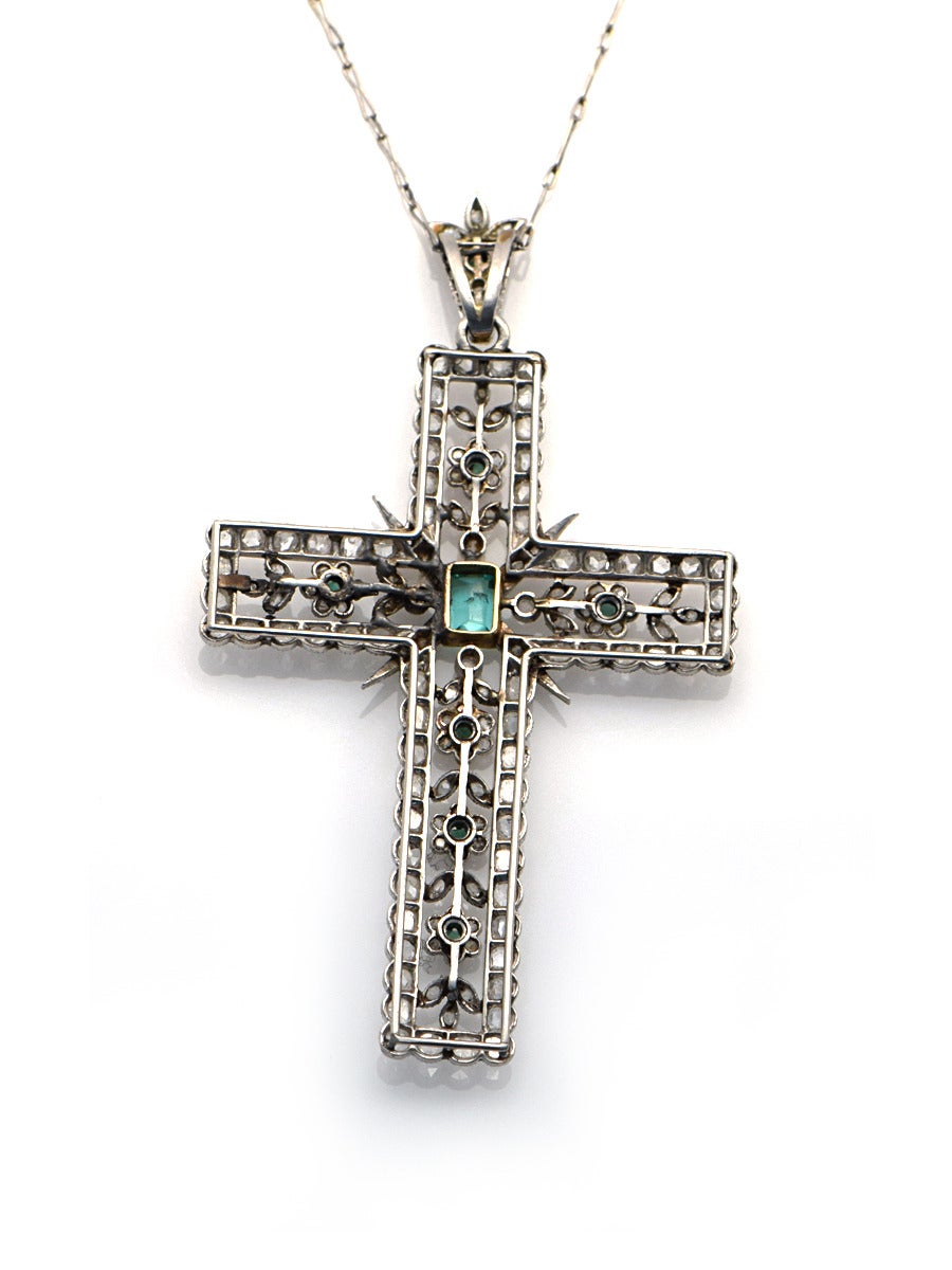 Edwardian Emerald Diamond Platinum Cross Pendant Necklace 3