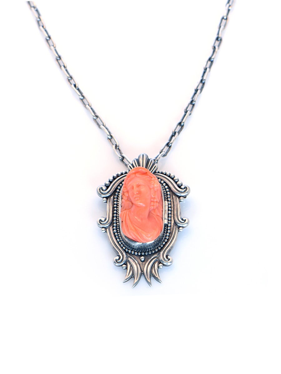 1940s Los Castillos Carved Coral Sterling Necklace