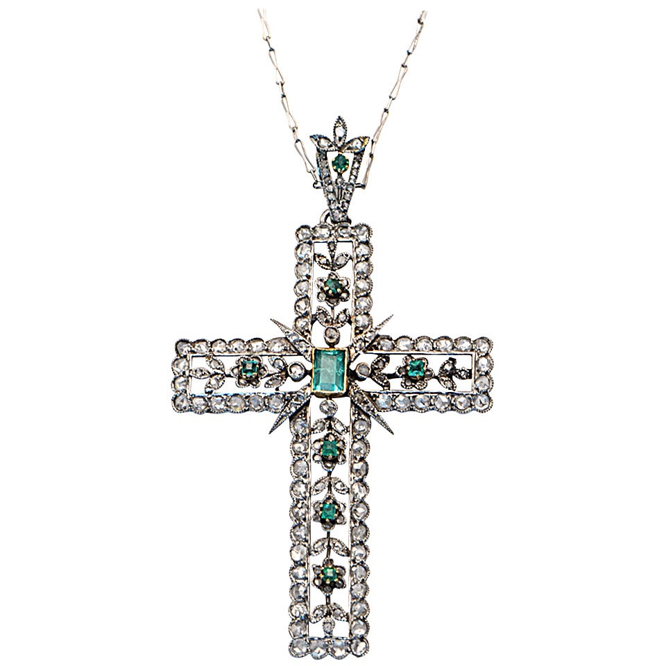 Edwardian Emerald Diamond Platinum Cross Pendant Necklace