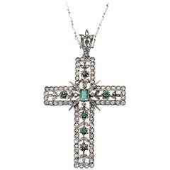 Edwardian Emerald Diamond Platinum Cross Pendant Necklace