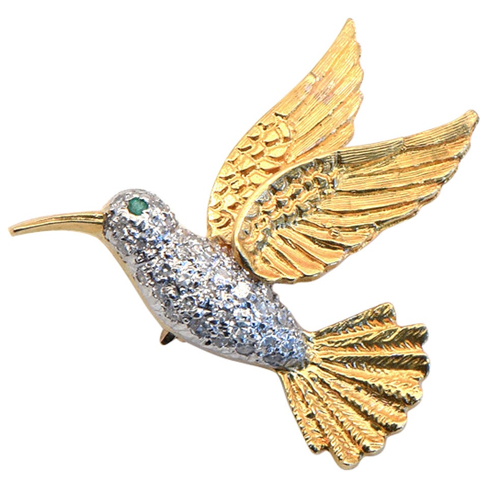 1950s Diamond Gold Hummingbird Pin For Sale