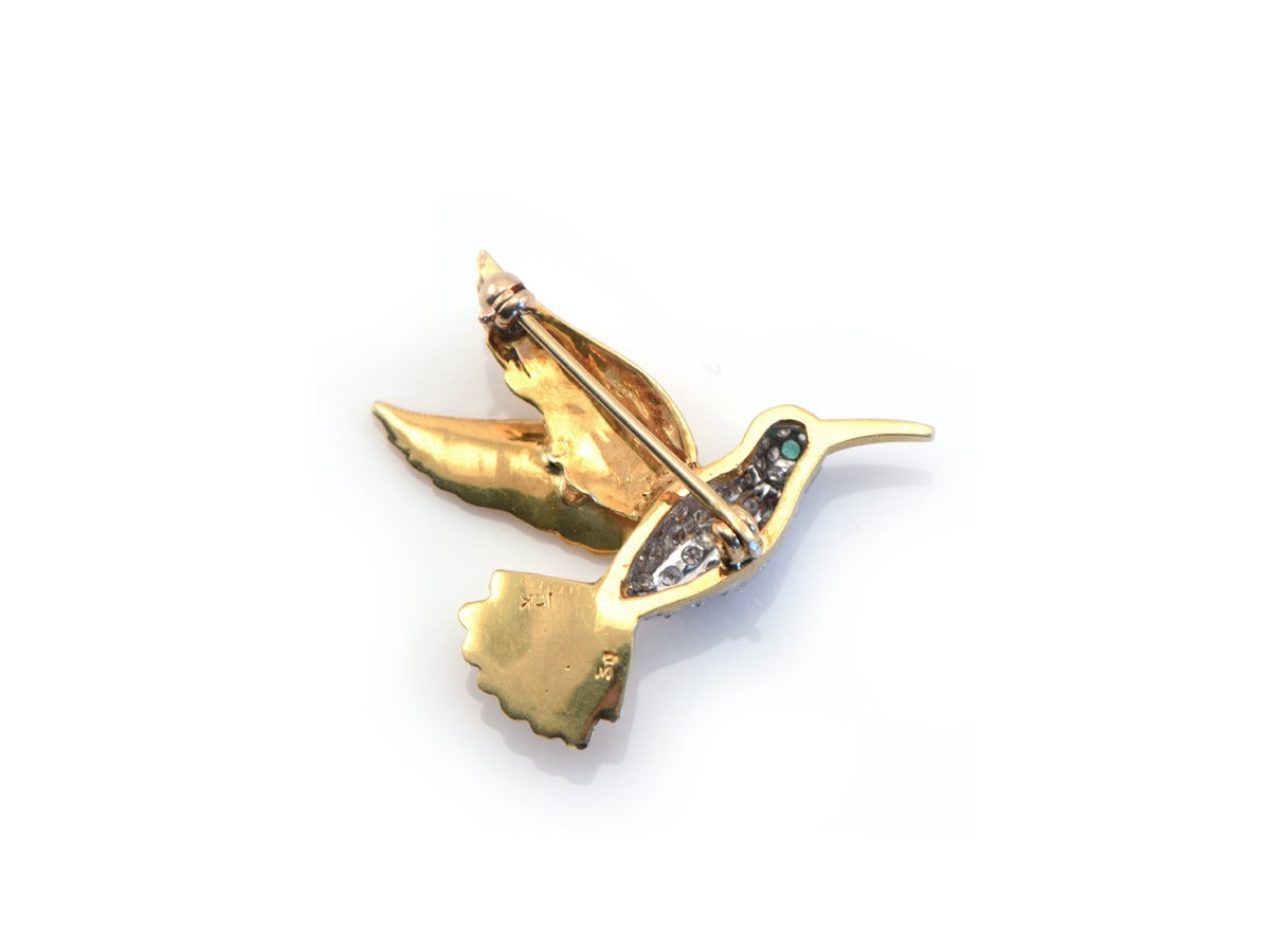 Women's or Men's 1950s Diamond Gold Hummingbird Pin For Sale