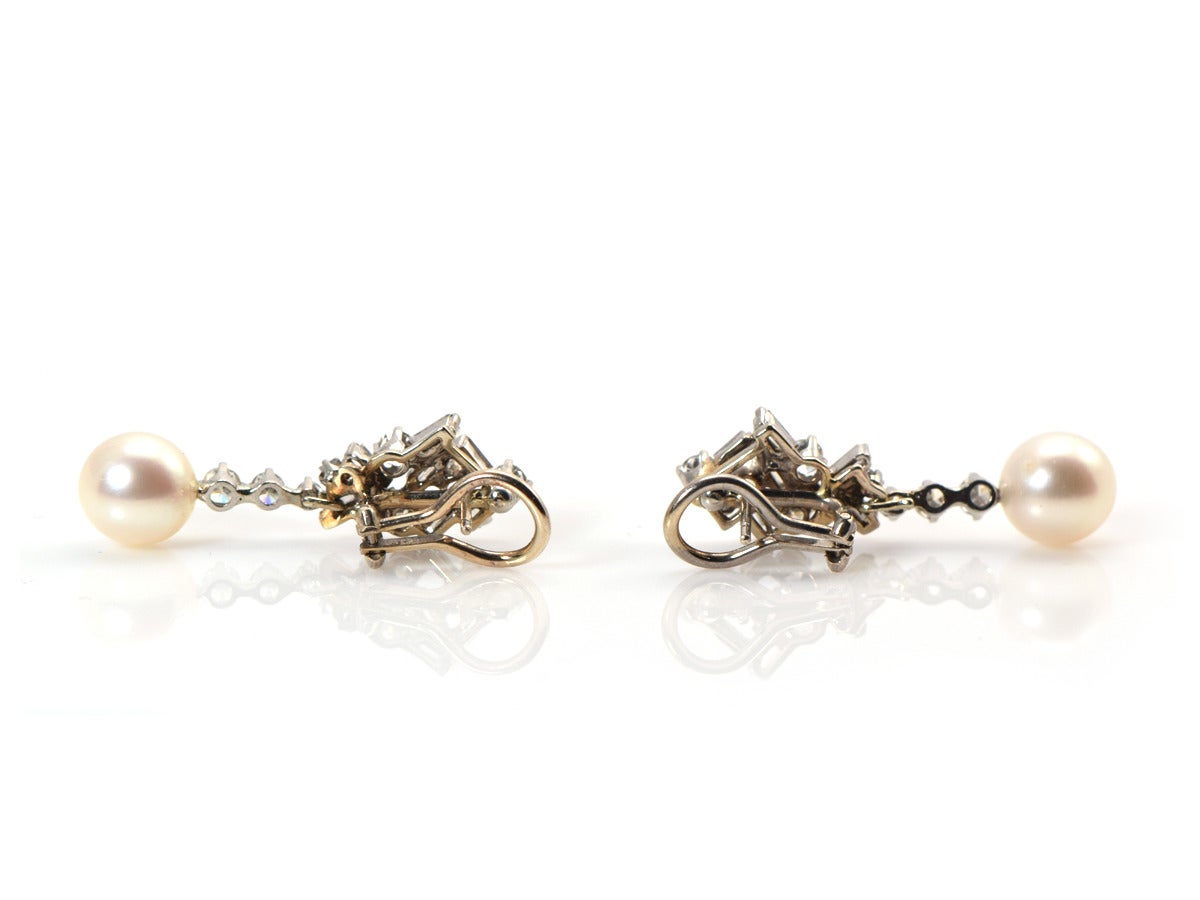 Pearl Diamond Gold Drop Earrings For Sale 1