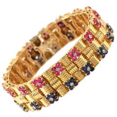 1950s Ruby Sapphire Diamond Gold Link Bracelet