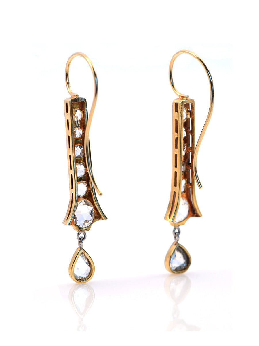 19th Century Russian Diamond Sterling Gold Dangle Earrings 2