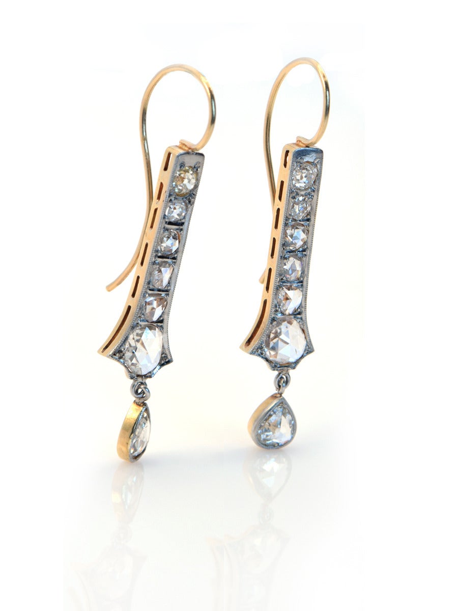 19th Century Russian Diamond Sterling Gold Dangle Earrings In Excellent Condition In San Francisco, CA