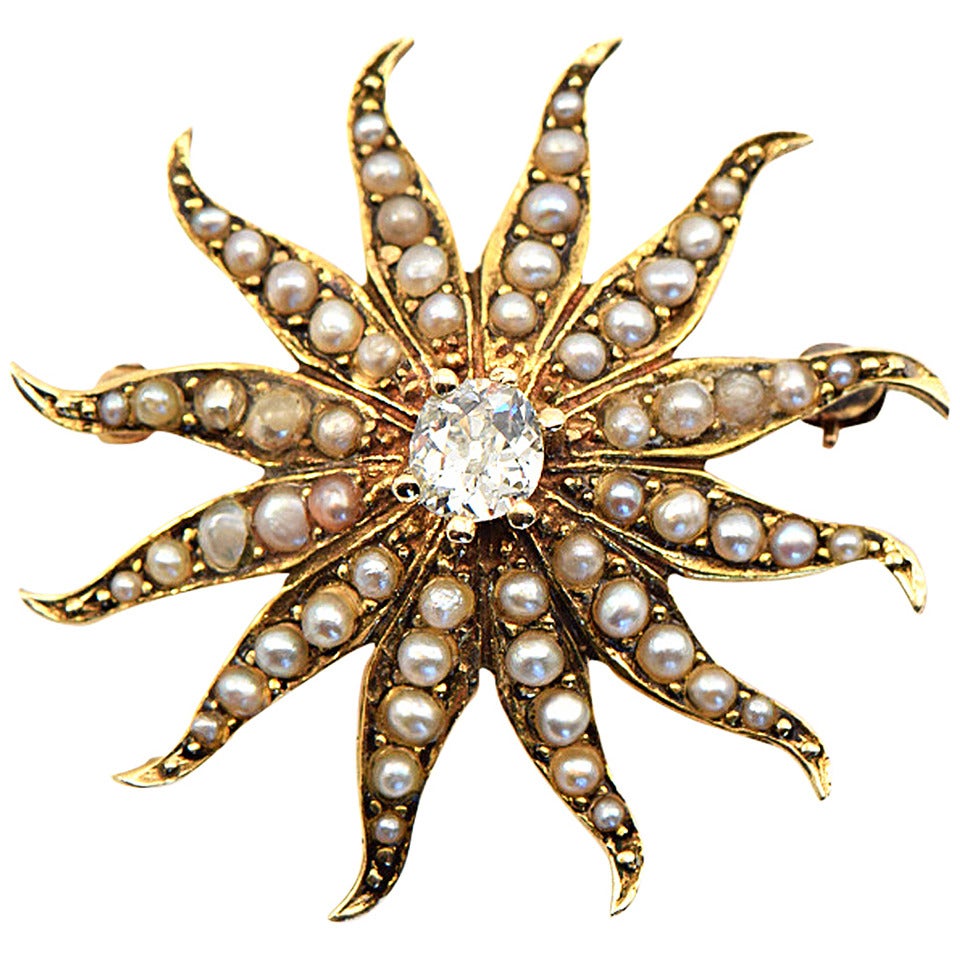 Starburst Pearl Diamond Gold Brooch