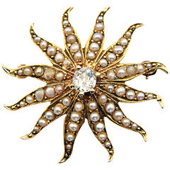Starburst Pearl Diamond Gold Brooch