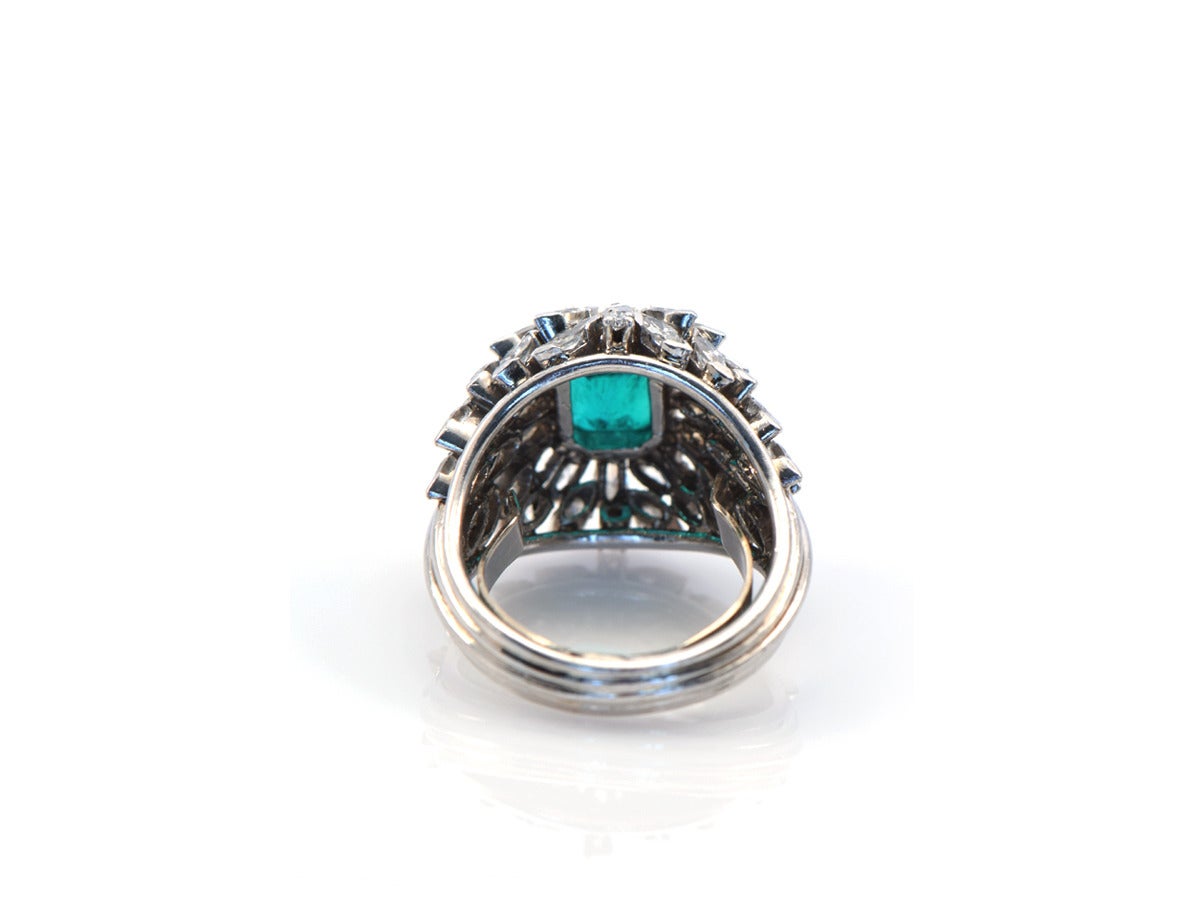 1950s Colombian Emerald Diamond Platinum Cocktail Ring 1