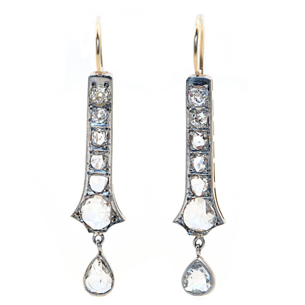 19th Century Russian Diamond Sterling Gold Dangle Earrings