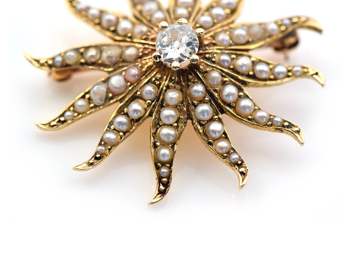 Starburst Pearl Diamond Gold Brooch In Good Condition In San Francisco, CA