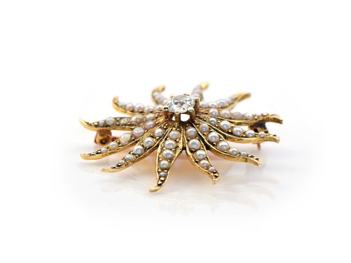 Art Nouveau Starburst Pearl Diamond Gold Brooch