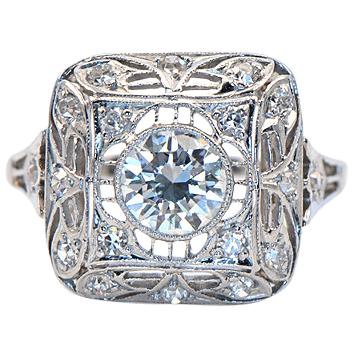 1940s Diamond and Platinum Filagree Ring For Sale