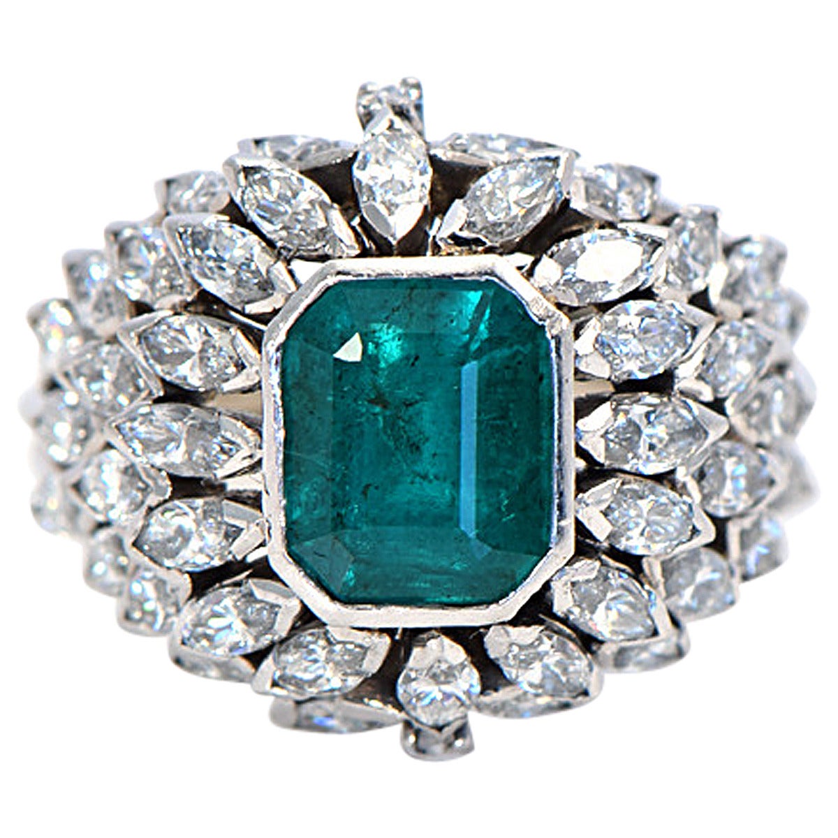 1950s Colombian Emerald Diamond Platinum Cocktail Ring