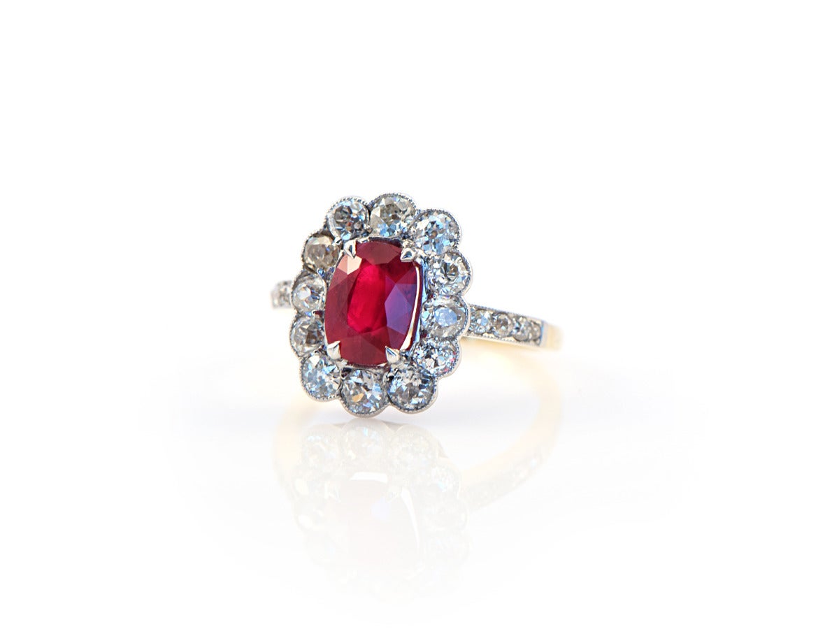 1920s Burmese Ruby Diamond Gold Cluster Ring In Excellent Condition For Sale In San Francisco, CA