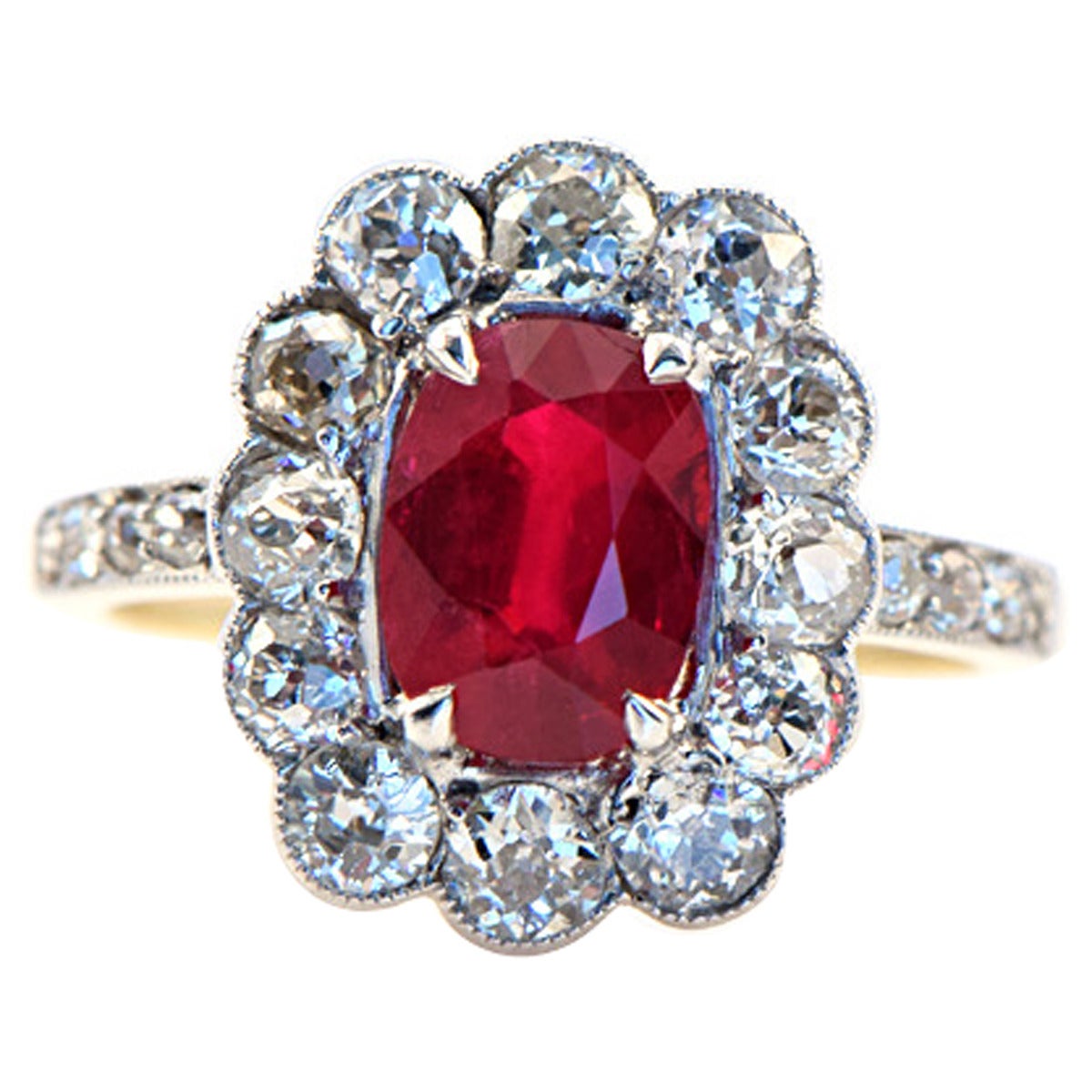 1920s Burmese Ruby Diamond Gold Cluster Ring For Sale