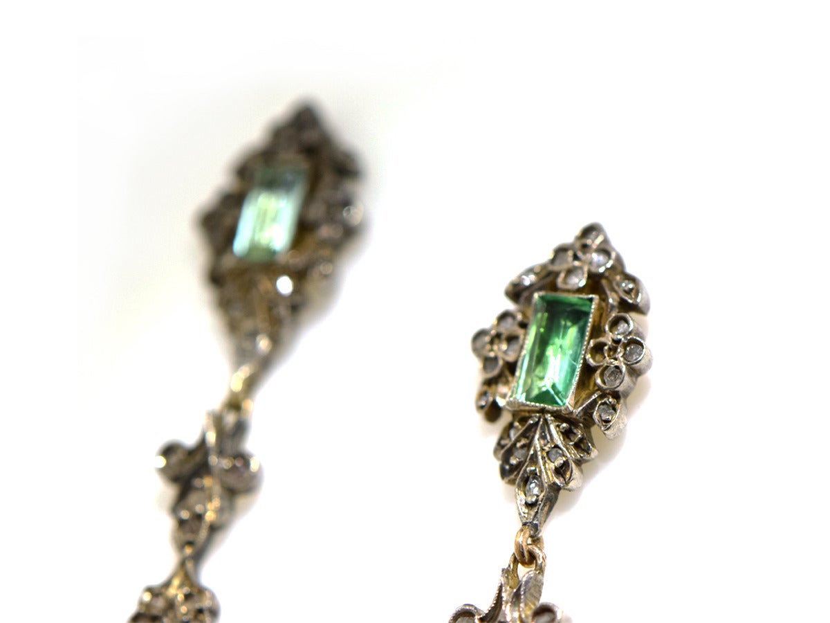 Women's Austro Hungarian Green Beryl Silver Gold Long Drop Earrings