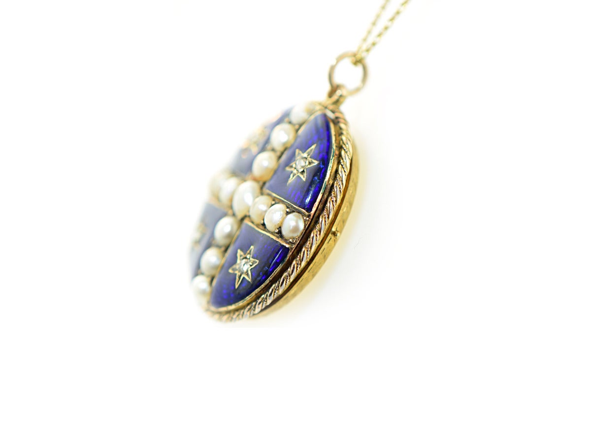 Victorian Late 19th Century Enamel Pearl Diamond Gold Pendant For Sale