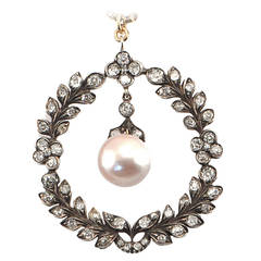 Victorian Natural Pearl Diamond Silver Gold Garland Pendant