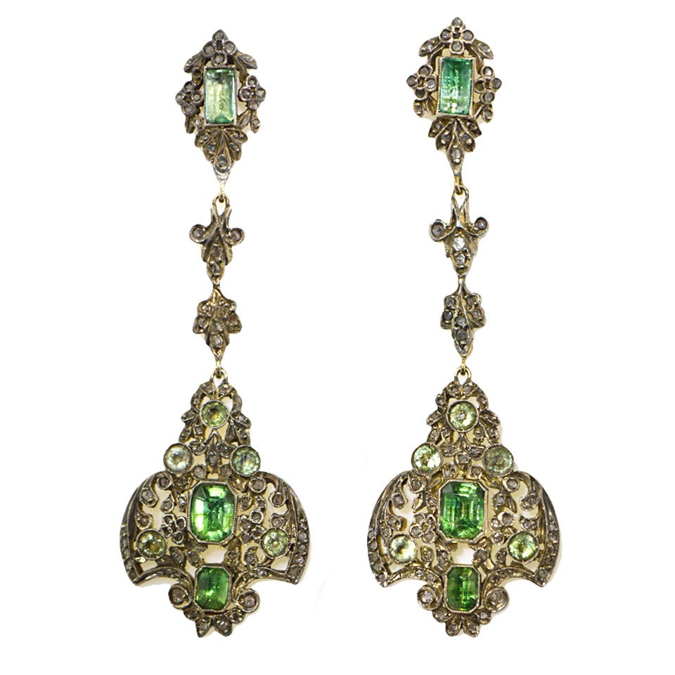 Austro Hungarian Green Beryl Silver Gold Long Drop Earrings
