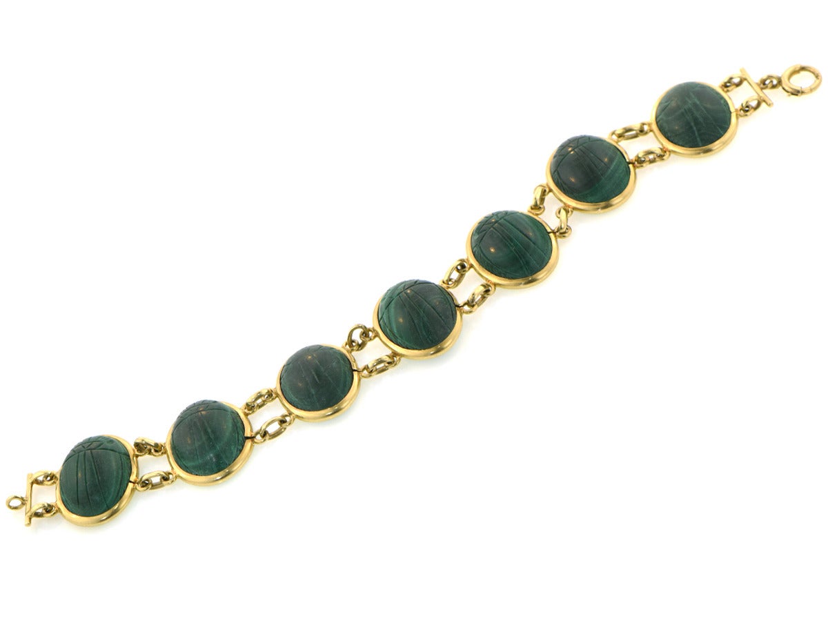 Carved Malachite Gold Scarab Bracelet In Excellent Condition In San Francisco, CA