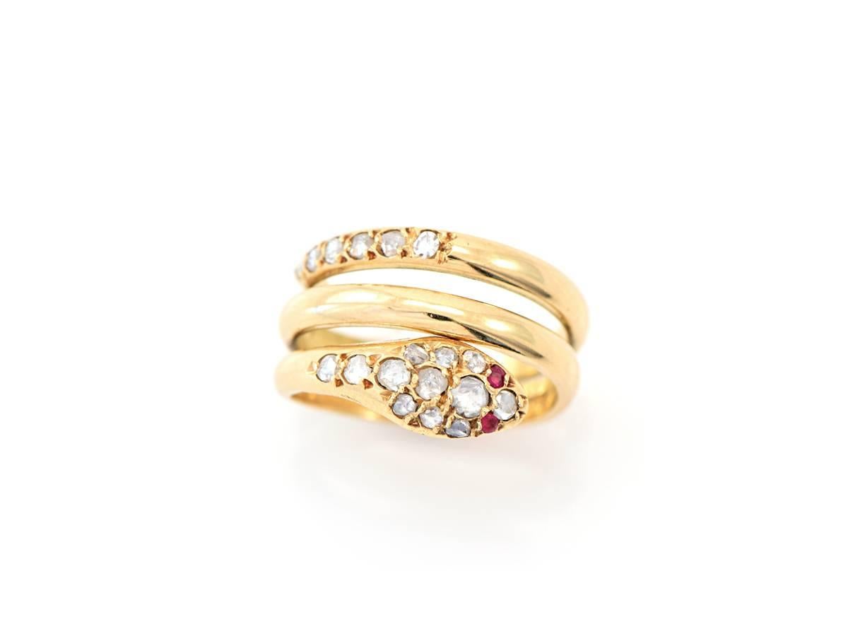 1920s Rosecut Ruby Diamond Gold Snake Ring In Excellent Condition For Sale In San Francisco, CA