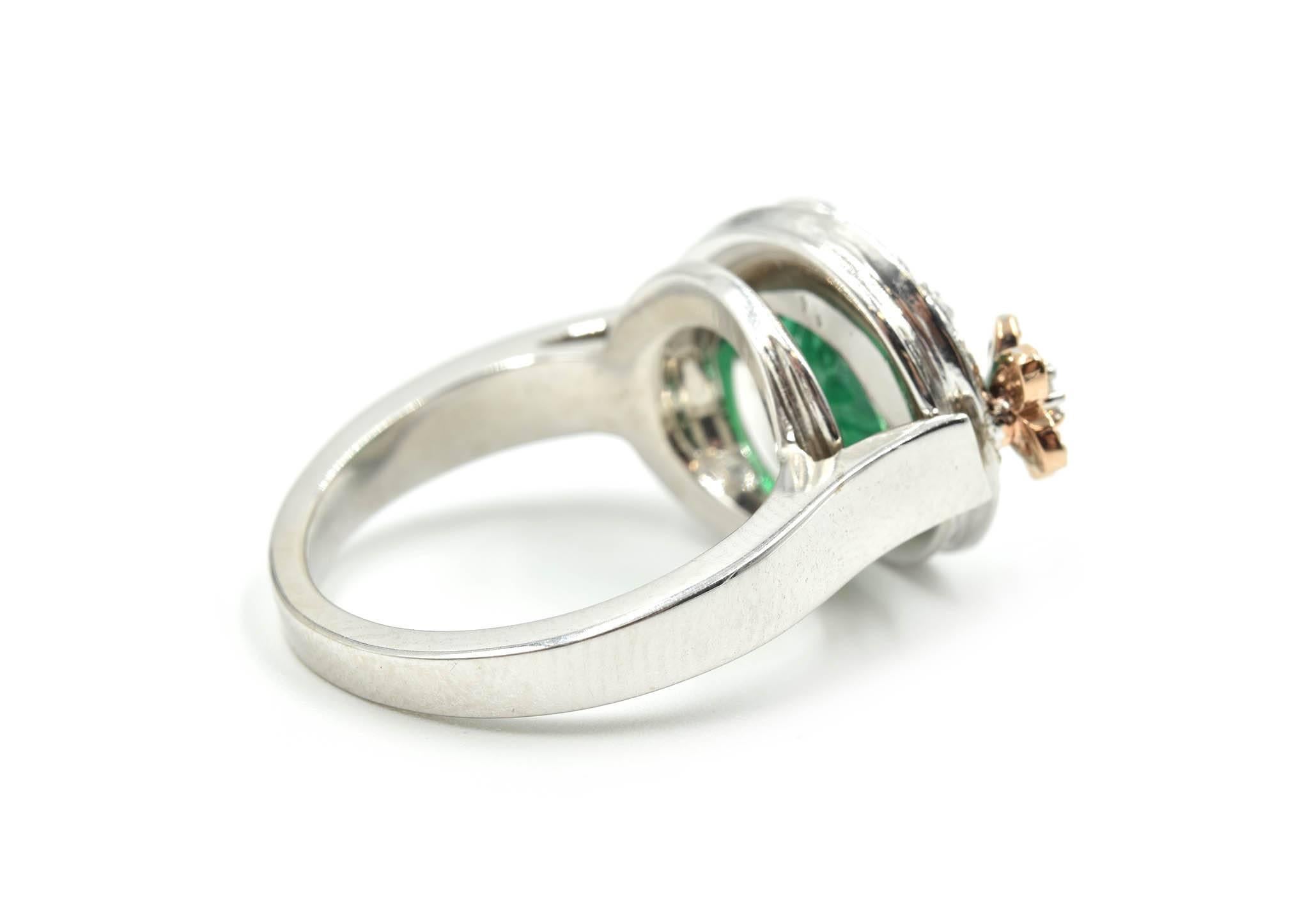 Emerald and Diamond 14k White & Rose Gold Fashion Ring In Excellent Condition In Scottsdale, AZ
