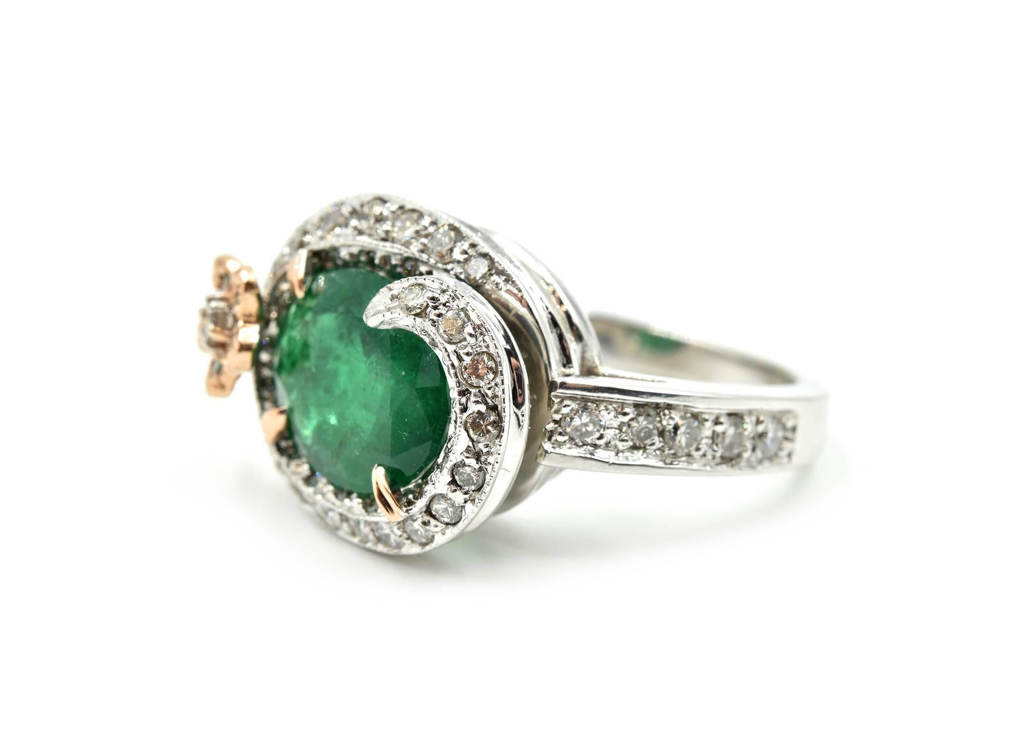 Modern Emerald and Diamond 14k White & Rose Gold Fashion Ring