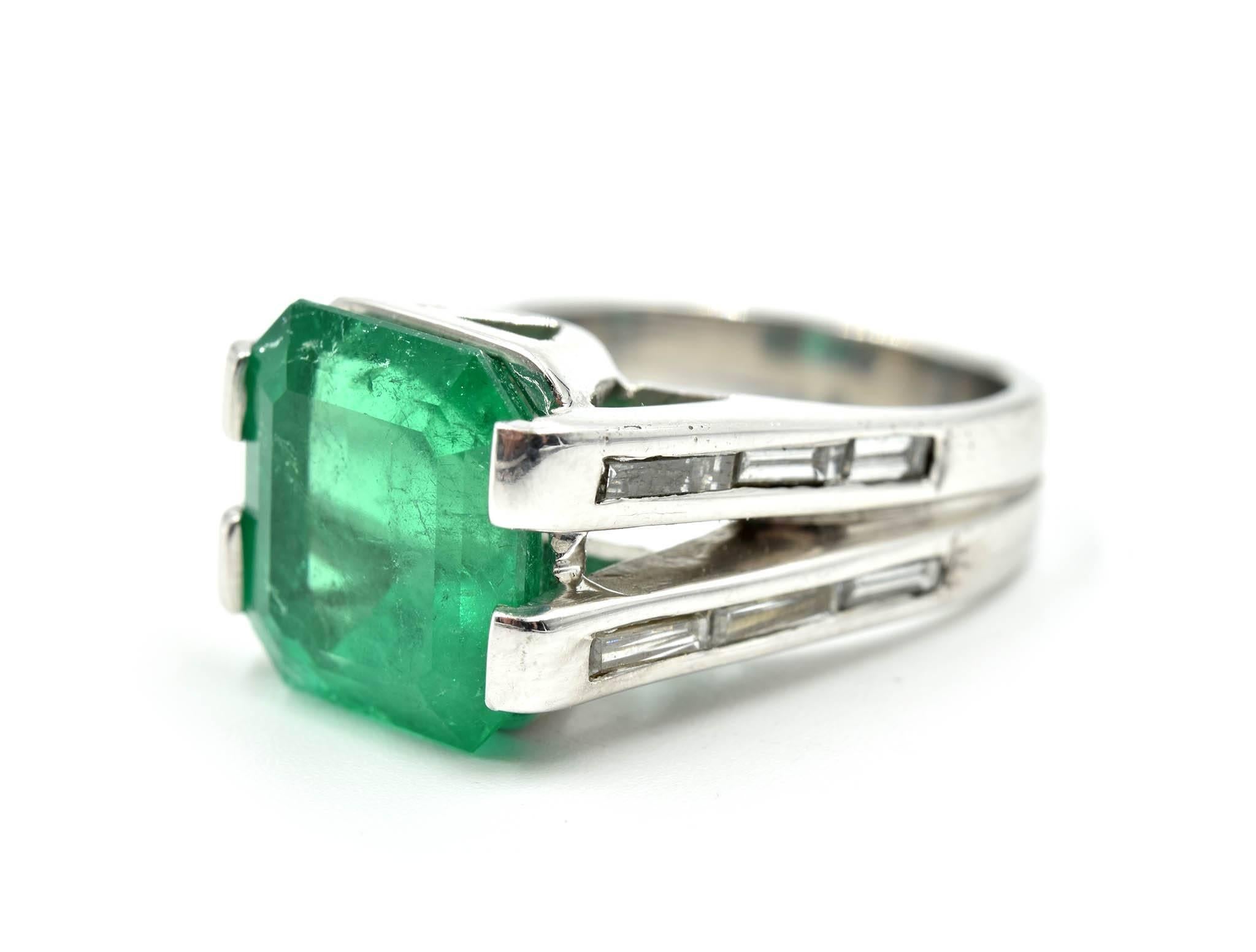 Modern 6.86 Carat Step-Cut Emerald with Baguette Diamonds 18k White Ring