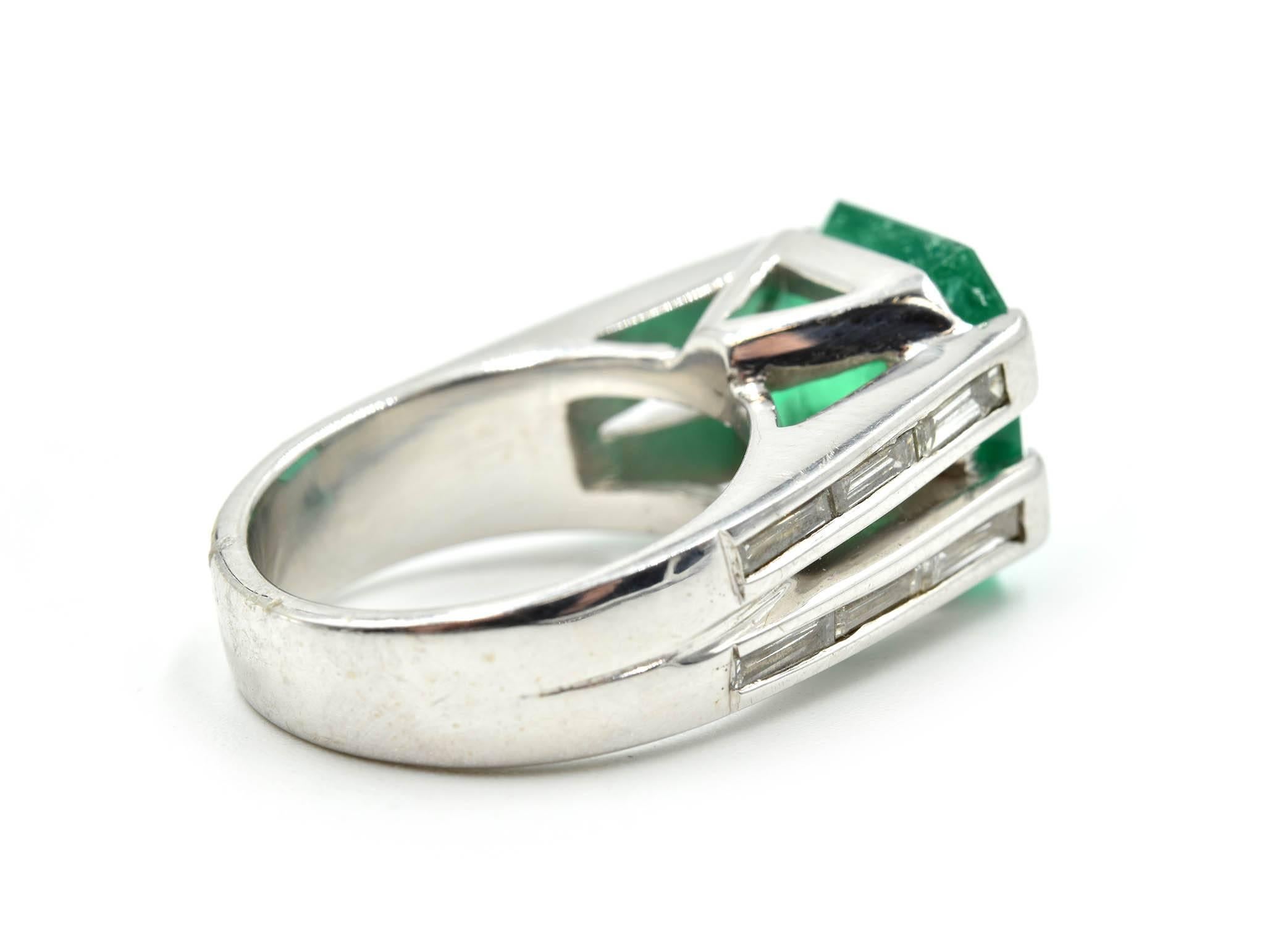 Radiant Cut 6.86 Carat Step-Cut Emerald with Baguette Diamonds 18k White Ring