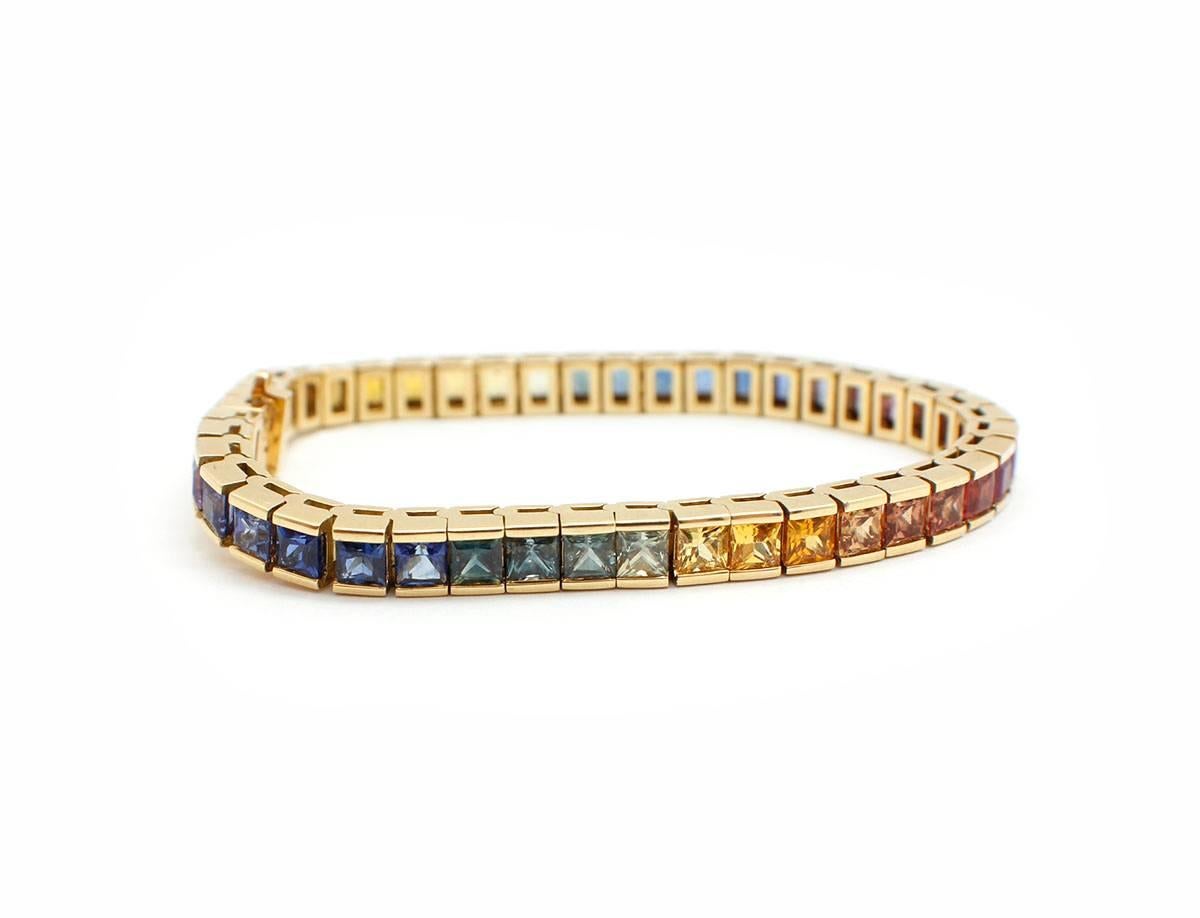 Rainbow Sapphire In-Line Tennis Bracelet 18k Yellow Gold For Sale at ...