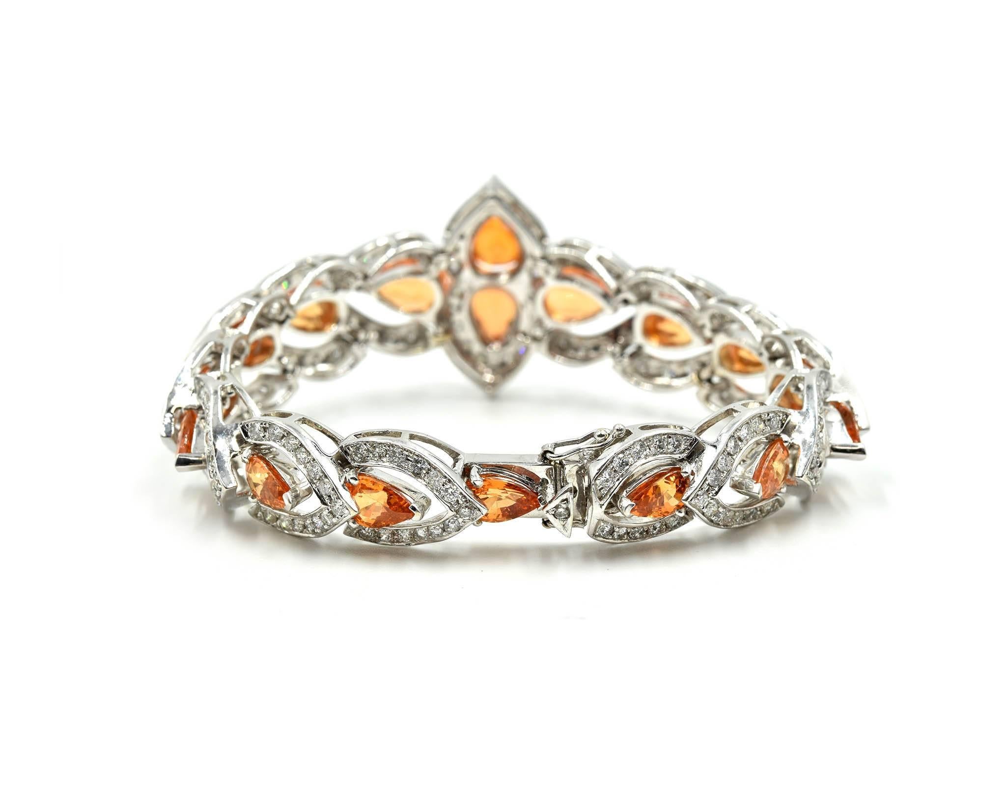 Pear Cut Pear-Cut Orange Spessartite and Diamond Bracelet 14k White Gold, 44.4 Grams