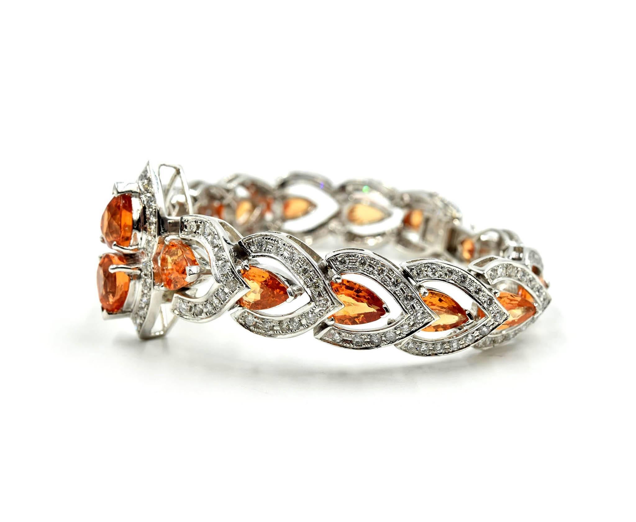 Modern Pear-Cut Orange Spessartite and Diamond Bracelet 14k White Gold, 44.4 Grams